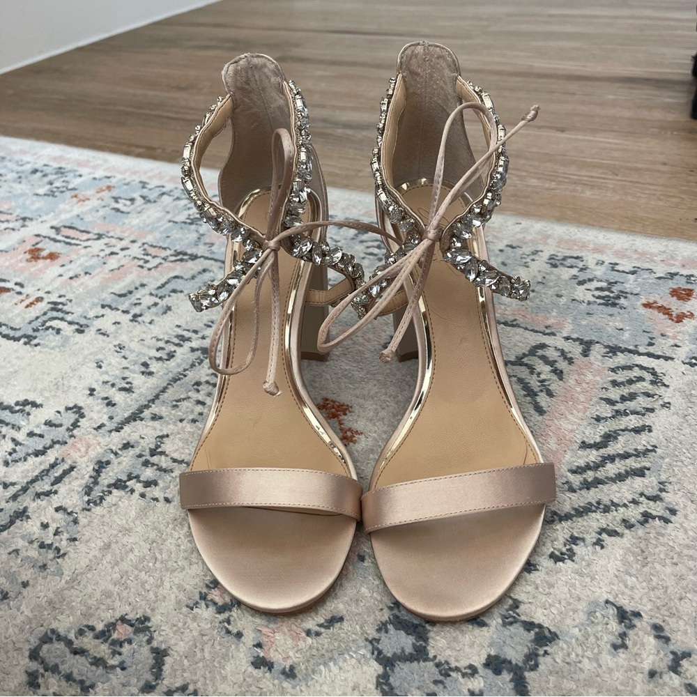 Jewel Badgley Mishka Thamar Crystal Strappy Block Heel Blush Women's Sz 9